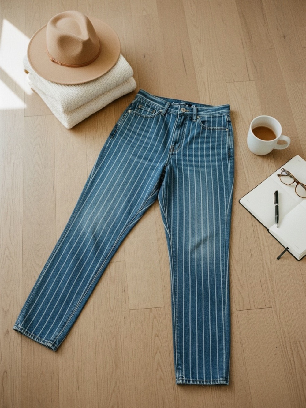 American Eagle Striped‎ Blue Mom Jeans High Rise Tapered Sz 0 Vintage Inspired
